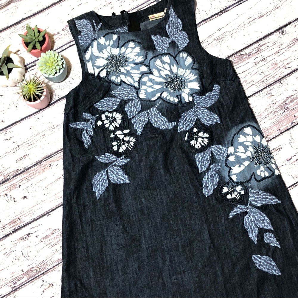 Anthropologie Floral Embroidered Denim Dress